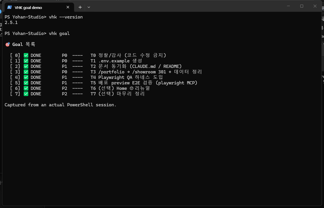 PowerShell에서 VHK 2.5.1 버전과 vhk goal 목록을 확인한 실제 화면